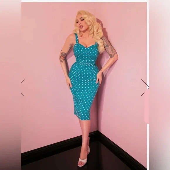 Vixen by Micheline Pitt Teal Polka Dot Midi Dress - Picture 1 of 7